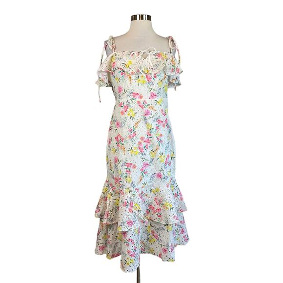 Yumi Kim Floral Cotton Eyelet Lace Dress White Size 12 San Juan A-Line Midi - Picture 1 of 12